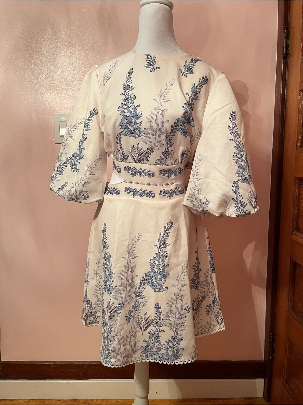 Source Unknown White Mini Dress with Blue Floral Embroidery